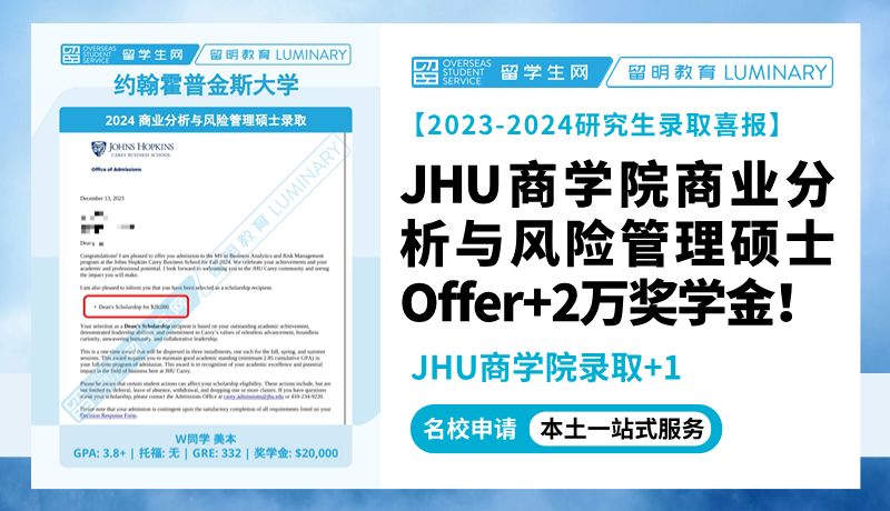 【JHU商学院录取+1】2万奖学金！商业分析与风险管理硕士Offer | 喜报